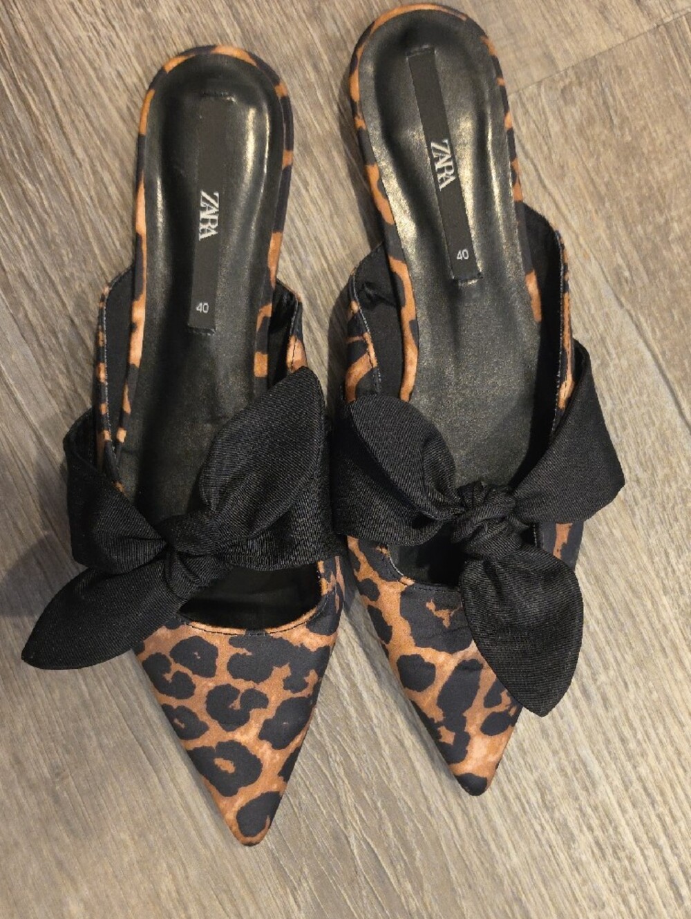 ZARA Tan Leopard Print Pointed Mule with Black Bow - Picture 4 of 4